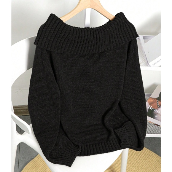 Cozy Solid Fold over Off Shoulder Knit Sweater Top - Picture 7 of 8